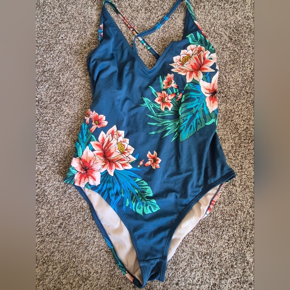 Kona Sol Blue and Coral Beach Flowers  Swimsuit Swim Swimwear One Piece SizE XL